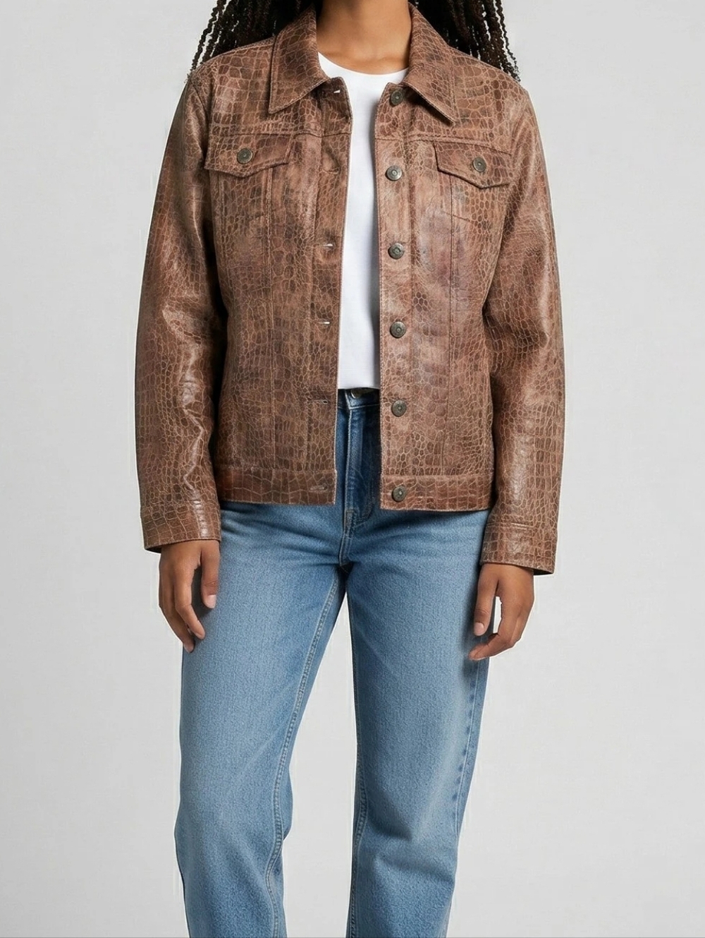 Womens Croc-Print Button Front Jacket in Brown